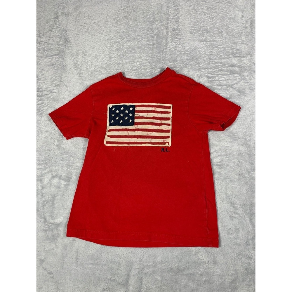 Vintage Polo Ralph Lauren Boys Red American Flag Patch T-Shirt Size 5 RL